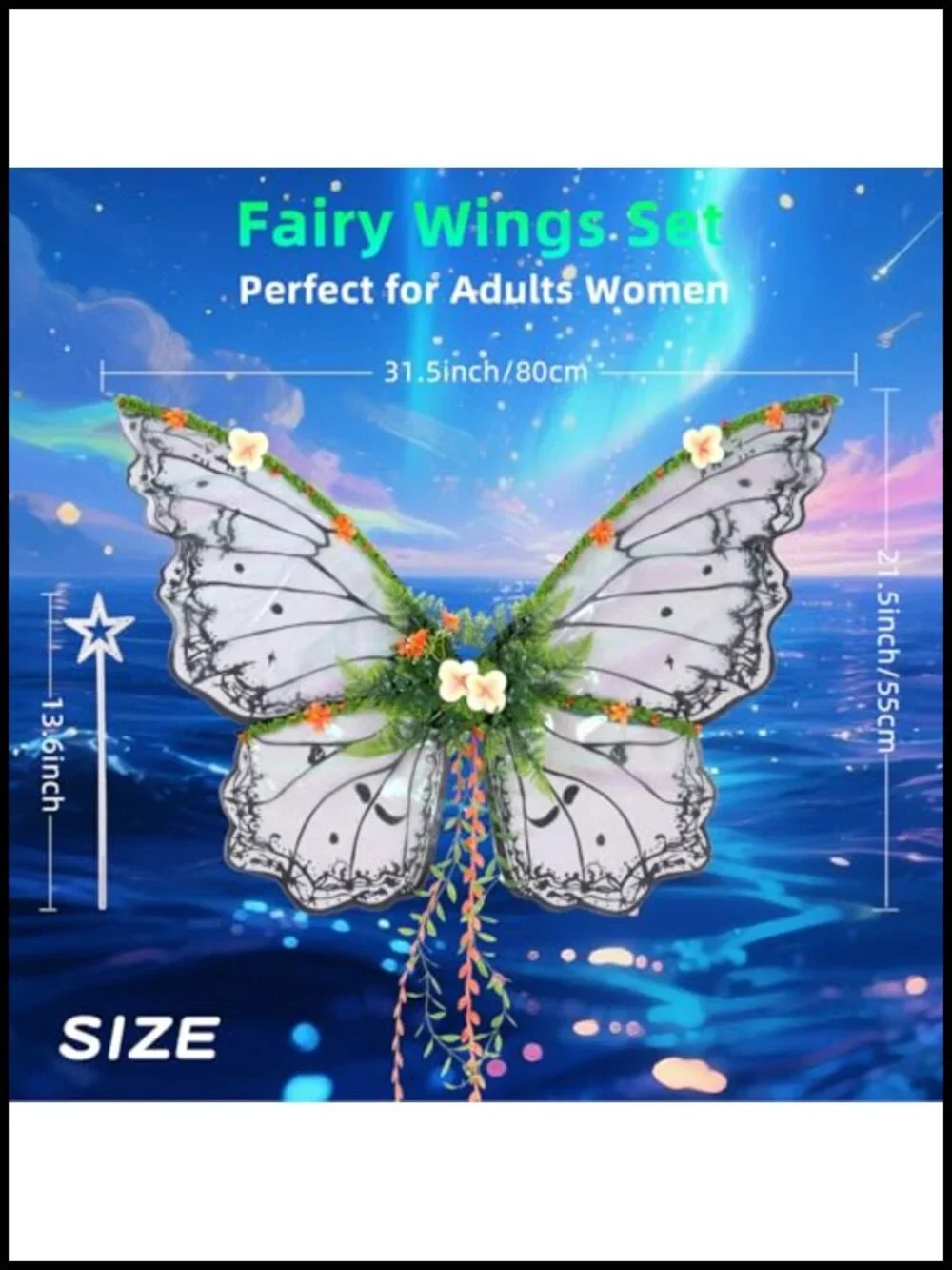 Fairy Wings Adult Costume Set with Star Wand Halloween Party Organza